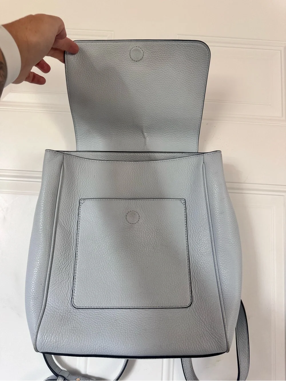 Tory Burch Carter Flap Backpack Luna Light Blue/Gray Trendy Purse Handbag $498
